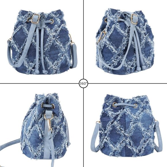 Women Denim Mini Bucket Bag Crossbody Drawstring Quilted Tassel Purse - Picture 3 of 6